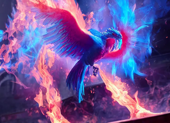 Image similar to pink and blue flaming phoenix, unreal engine 5, intricate, detailed, realistic