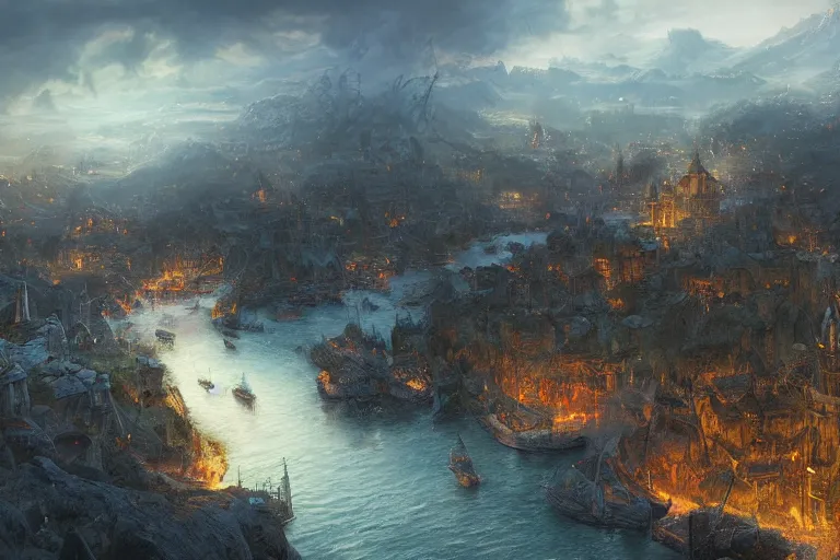 Image similar to high aerial shot, fantasy landscape, sunset lighting ominous shadows, cinematic fantasy painting, dungeons and dragons, a charming port town, harbor, bay by jessica rossier and brian froud and hr giger