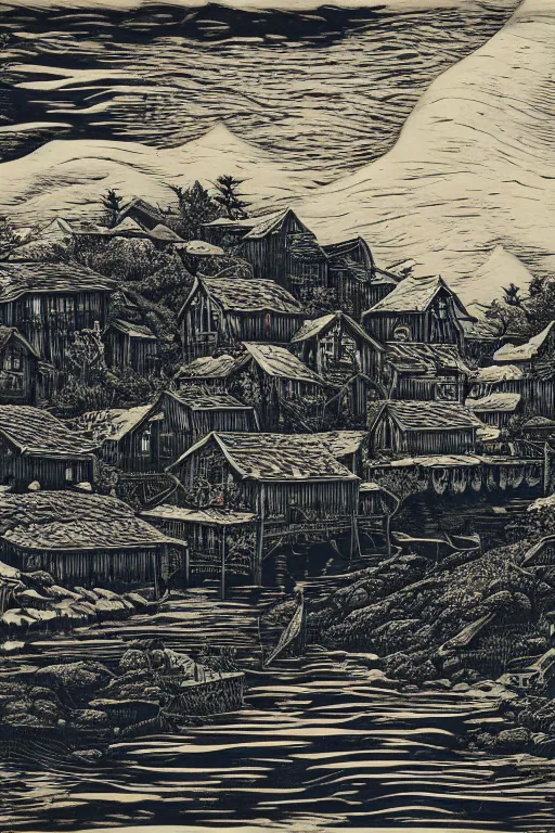 Prompt: a beautiful wood engraving on paper, art by david witbeck, of a fishing village, 8 k, frostbite 3 engine, cryengine, dof, trending on artstation, digital art, crepuscular ray