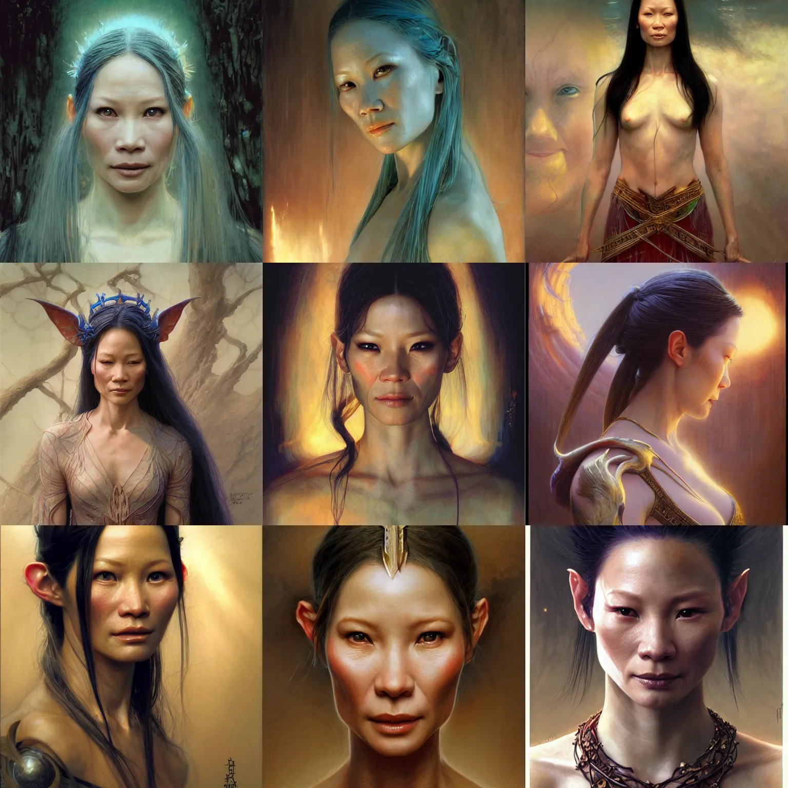 Prompt: a beautiful lucy liu elven princess, stuning 3 d render, masterpiece, glowing aura, by donato giancola and greg rutkowski and wayne barlow and zdzisław beksinski, realistic face