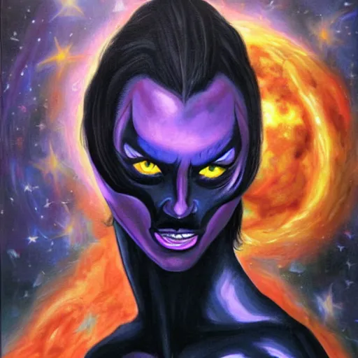 Image similar to Elvira as a cosmic super villain, dark oil painting by crypt keeper