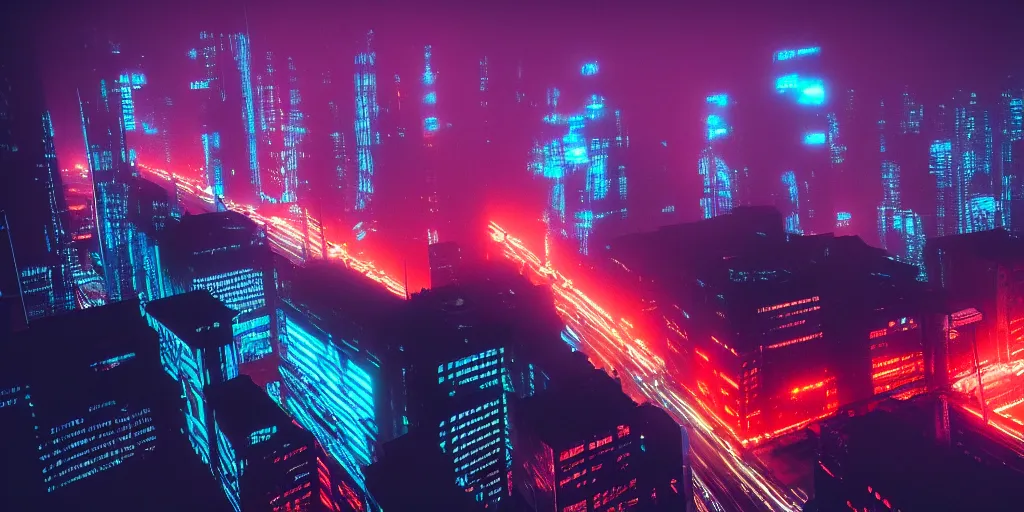 Image similar to megacity streets seen from above, neon signs, giant screens, eerie fog, blade runner, ex machina