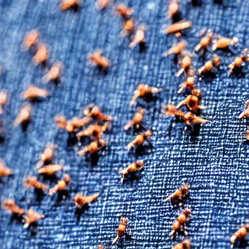 Image similar to microscopic zoom on a denim fabric, little ants walking all over it collecting crumbs, 8k, highly detailed, tactile