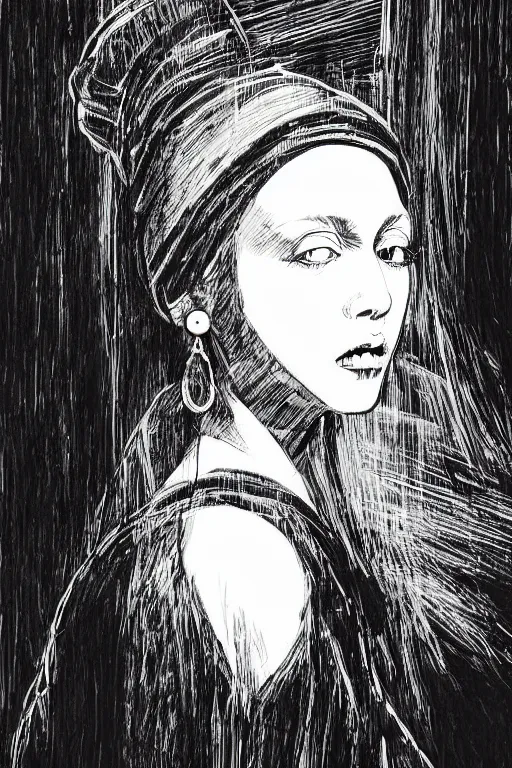 Prompt: beautiful portrait of a woman, negative no not the girl with a pearl earring, highly detailed ink illustration of a narrow neon lit tokyo alley, b & w clean shaped illustration by kim jung gi, ric estrada, ron english and eiichiro oda