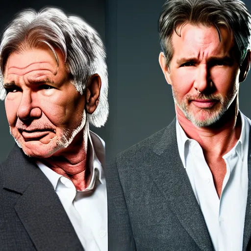 Image similar to the face of a succesful man: Harrison Ford/Tom Hanks/Tom Cruise/Ryan Reynolds, highly detailed uncropped full-color epic corporate portrait photograph. best corporate photoraphy photo winner, meticulous detail, hyperrealistic, centered uncropped symmetrical beautiful masculine facial features, atmospheric, photorealistic texture, canon 5D mark III photo, professional studio lighting, aesthetic, very inspirational, motivational