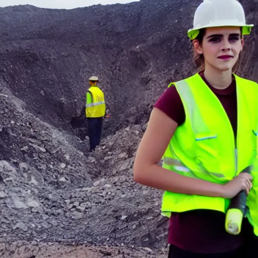 Image similar to photo, close up, emma watson in a hi vis vest, in dusty open pit mine, android cameraphone, 2 6 mm,