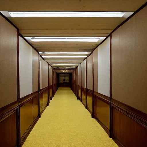 Image similar to Jerome Powell lost in the backrooms, old moist carpet, mono-yellow, fluorescent lights, randomly segmented rooms, eerie