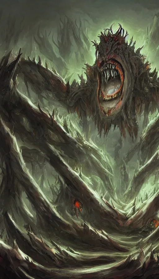 Prompt: a storm vortex made of many demonic eyes and teeth over a forest, by league of legends concept artists