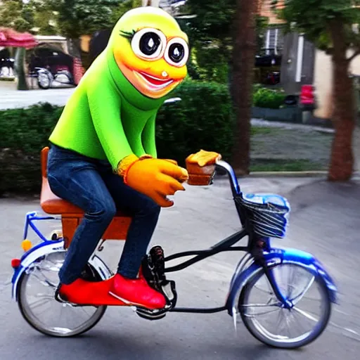 Prompt: pepe on a bike with beer