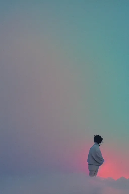 Prompt: high quality pastel coloured film close up wide angle photograph of 2 1 savage wearing clothing resting on cloud furniture in a icelandic black rock!! environment in a partially haze filled dreamstate world. three point light, rainbow. photographic production. art directed. pastel colours. volumetric clouds. pastel gradient overlay. waves glitch artefacts. extreme facial clarity. 8 k. filmic.