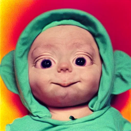 Prompt: colorized echography of a fetus teletubbie watching TV in his mother’s womb