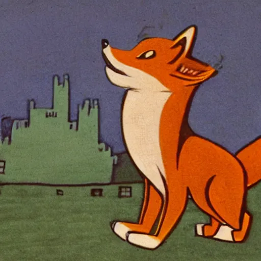 Image similar to anthropomorphic fox!! who is a medieval knight holding a swo - rd towards a stormy thundercloud [ 1 9 3 0 s film still ], ( castle in the background )