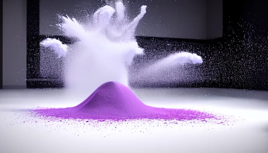 Image similar to extremely realistic color powder explosion on white floor, white background, 3 d, particles, sidefx, vfx