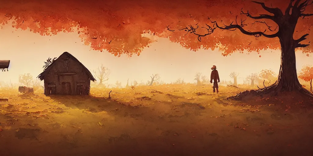 Image similar to epic illustration, incredible wide screenshot, ultrawide, simple watercolor, rough paper texture, autumn, mushroom house, pumpkin patch, scarecrow, realism, pale beige sky, texture, brown mud, dust, backlit distant shot a scenic environment by Anton Fadeev