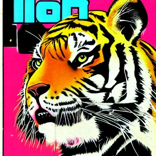 Prompt: 1 9 8 0 s comic book title cover scan, highly detailed professional comic art, featuring a portrait of tiger by schen teng, 8 0 s sci - fi comic art, graffiti