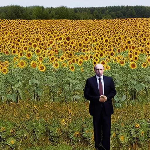 Image similar to Putin standing among a burning field of sunflowers,