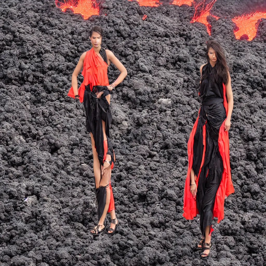 Image similar to fashion portrait in volcano lava eruption.