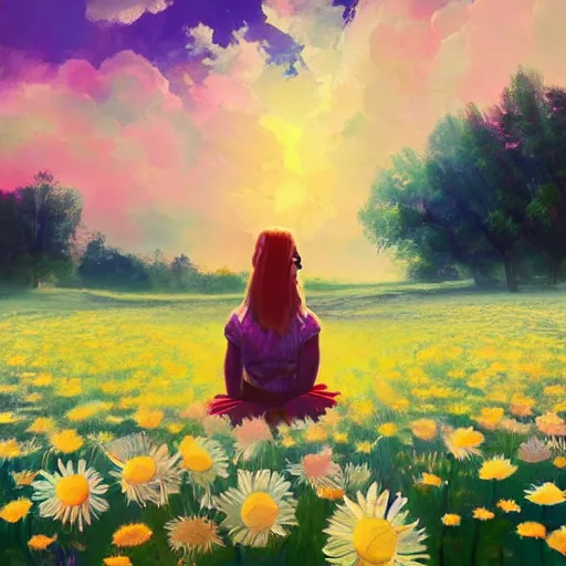 Prompt: giant daisies flower as head, girl sitting in a flower field, surreal photography, sunrise, dramatic light, impressionist painting, colorful clouds, digital painting, artstation, simon stalenhag