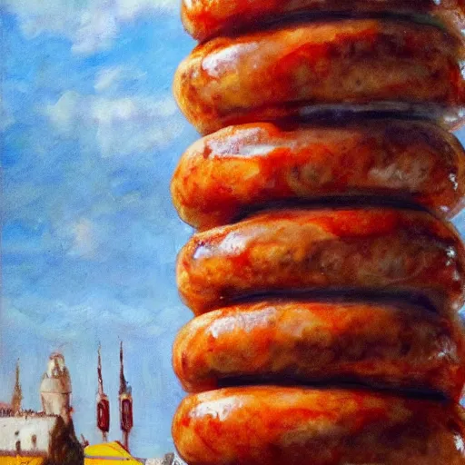 Image similar to sausage tower. hyperdetailed photorealism