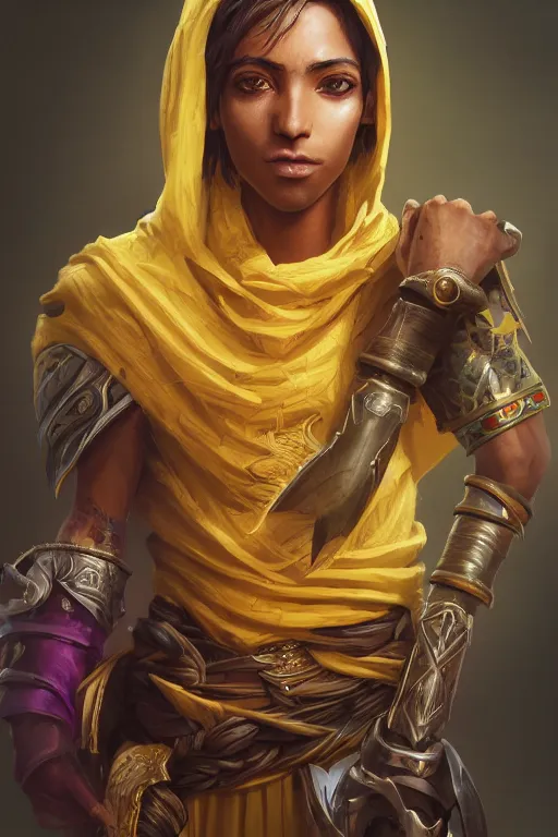 Prompt: portrait of young wild arabian nomad half anubian jackal, with yellow cloths, league of legends splash art, prince of persia, hearthstone splash art, full body shot, rule of thirds, ultrafine hyperrealistic detailed face, artgerm, greg rutkowski, trending on artstation, 8 k, intricately detailed, highly detailed