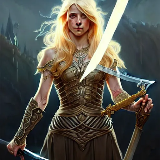 Image similar to A epic fantasy portrait of a blond woman, holding a sword, castle setting, horror movie lightning, intricate, elegant, highly detailed, digital painting, artstation, concept art, matte, sharp focus, illustration, art by Artgerm and Greg Rutkowski and Alphonse Mucha