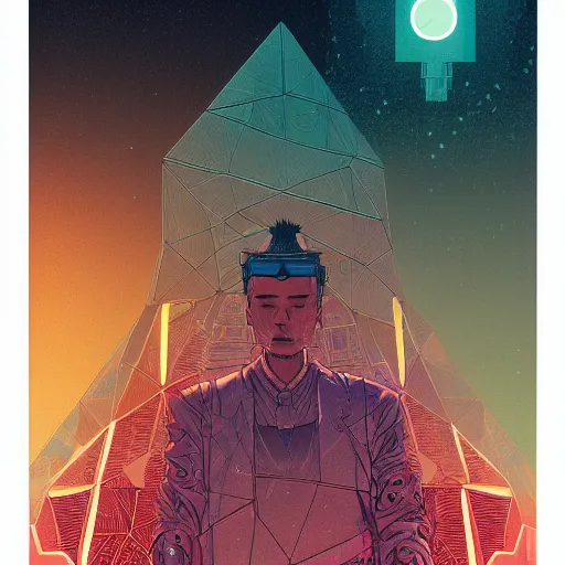 Image similar to Stunningly intricate illustration of a cyberpunk explorer meditating next to a floating triangular glowing monolith, highly detailed, midnight, by Victo Ngai and James Gilleard , Moebius, Laurie Greasley