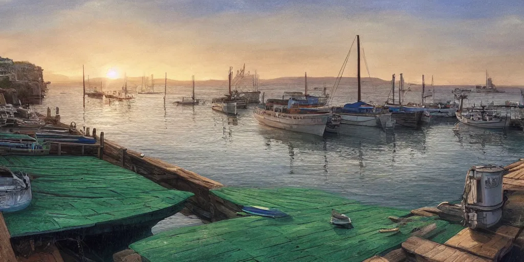 Image similar to wood dock, green car on dock, big fishing boat next to the dock with waving sailors. low angle, sunrise, a mediterranean phoenician fishing village in the distance, chalk cliffs above, highly detailed, digital painting, artstation, concept art, sharp focus, illustration, art by artgerm and raphael lacoste and magali villeneuve