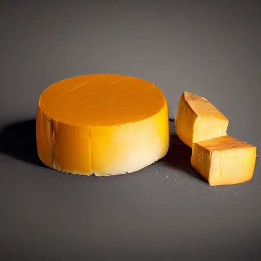 Image similar to A highly detailed digital art of a Gouda Cheese, volumetric lighting, 4k resolution, warm colors,