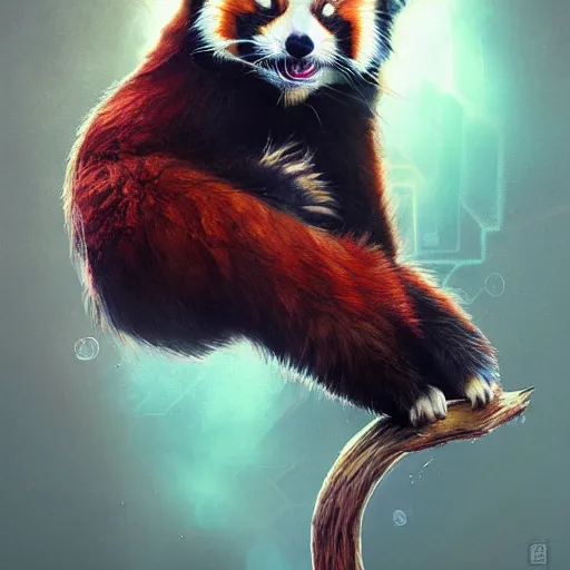 Prompt: red panda as it specialist, digital illustration portrait design, by android jones and greg rutkowski, retrowave color scheme, detailed, cinematic lighting, wide angle action dynamic portrait