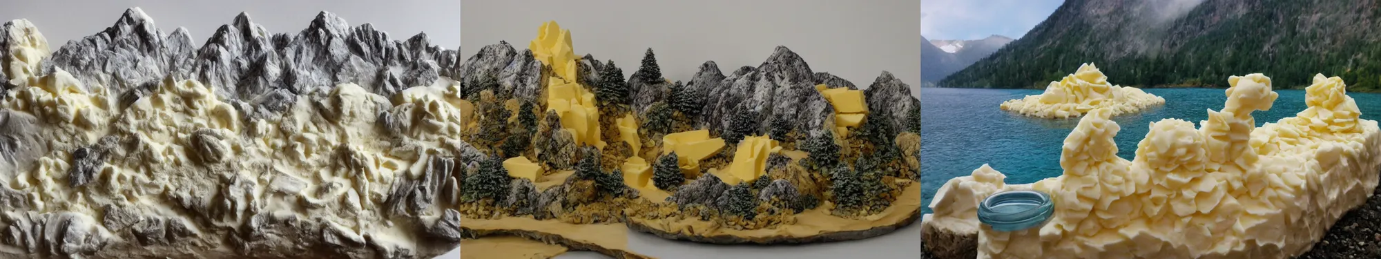 Prompt: lakeside mountains, butter sculpture