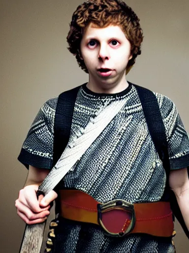 Image similar to a portrait photo of Michael Cera as a wimpy squire, chainmail