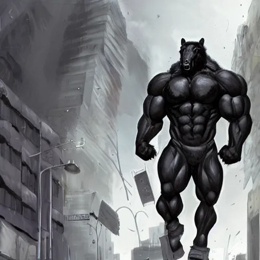 Image similar to a gigantically musclebound black - furred male anthro horse in a tactical outfit in a city warzone, absurdly hulking physique, furaffinity, furry art, highly detailed, digital painting, artstation, sharp focus, smooth, concept art, illustration, art by artgerm, greg rutkowski, wlop