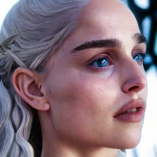Image similar to a selfie of daenerys targaryen played by a young natalie portman, smooth skin, light violet eyes, ethereal beauty, medium shot, detailed eyes, vivid, golden hour