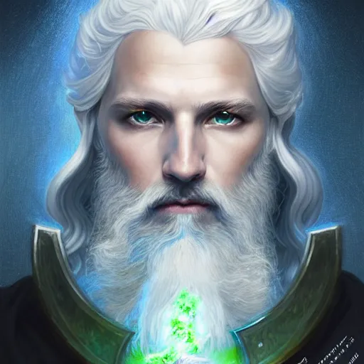 Image similar to Portrait of an Aasimar Paladin with glowing blue eyes, pale grey skin, silver full beard, and silver hair. He has a sword and wears green mossy armor. Epic fantasy art, award winning on Artstation, intricate, elegant, highly detailed, digital painting, art by artgerm and greg rutkowski and alphonse mucha.