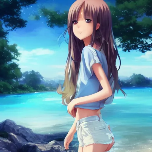 Image similar to a very beautiful anime girl, full body, long wavy blond hair, sky blue eyes, full round face, short smile, cute top, short jeans, summer lake setting, cinematic lightning, medium shot, mid-shot, highly detailed, trending on Artstation, Unreal Engine 4k, cinematic wallpaper by Stanley Artgerm Lau, WLOP, Rossdraws, James Jean, Andrei Riabovitchev, Marc Simonetti, and Sakimichan