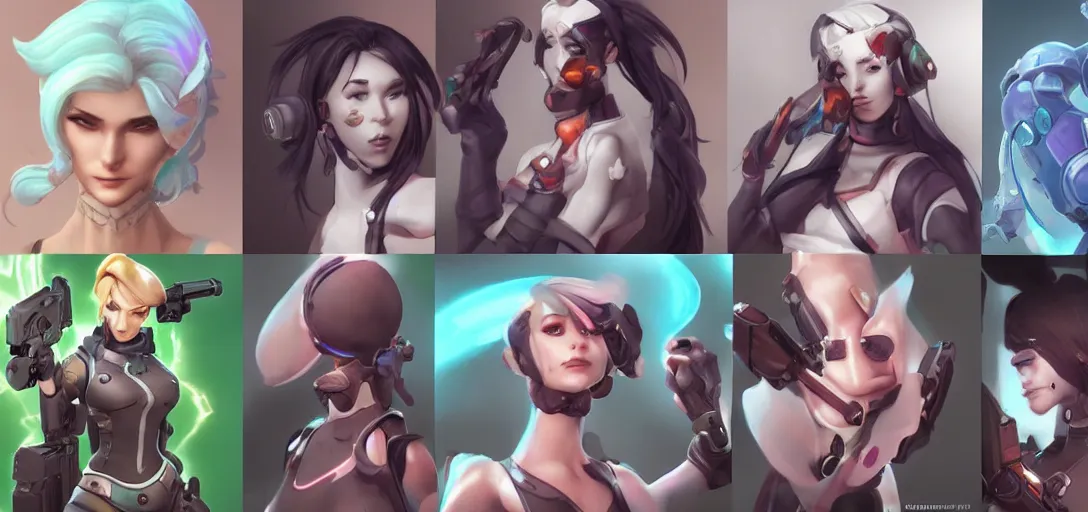 Image similar to concept art of female video game characters head designs, overwatch by marc brunet and artgerm