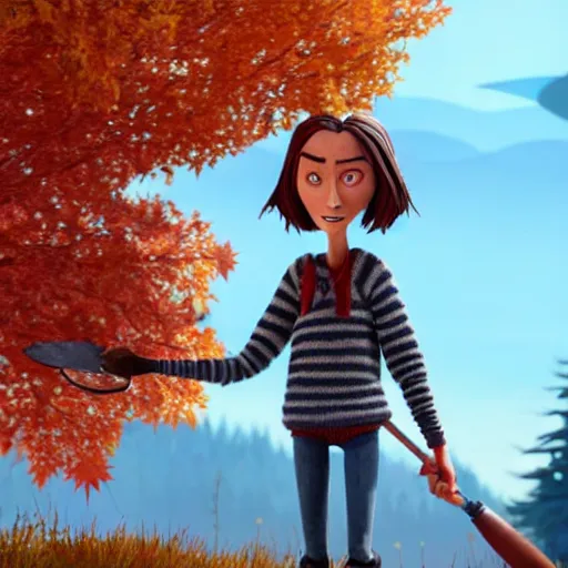 Image similar to a stopmotion animation character, a beautiful canadian woman, gardening, very attractive, some dark grey hair, stripey jumper, denim jeans, doc marten boots, canadian maple leaves, mountains, autumn, unreal engine 5, 8 k, kubo and the two strings, jan svankmayer, disney, pixar,