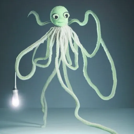 Prompt: humanoid ethereal ghostly live action muppet wraith like figure with a lightbulb jellyfish head with two very long tentacles for arms that flow gracefully at its sides with a long fuzzy snake tail in place of its legs, it stalks around the frozen tundra searching for lost souls and that hide in the shadows in the trees, this character can control the ice, snow, shadows, and electricity, it is a real muppet by sesame street, photo realistic, real, realistic, felt, stopmotion, photography, sesame street