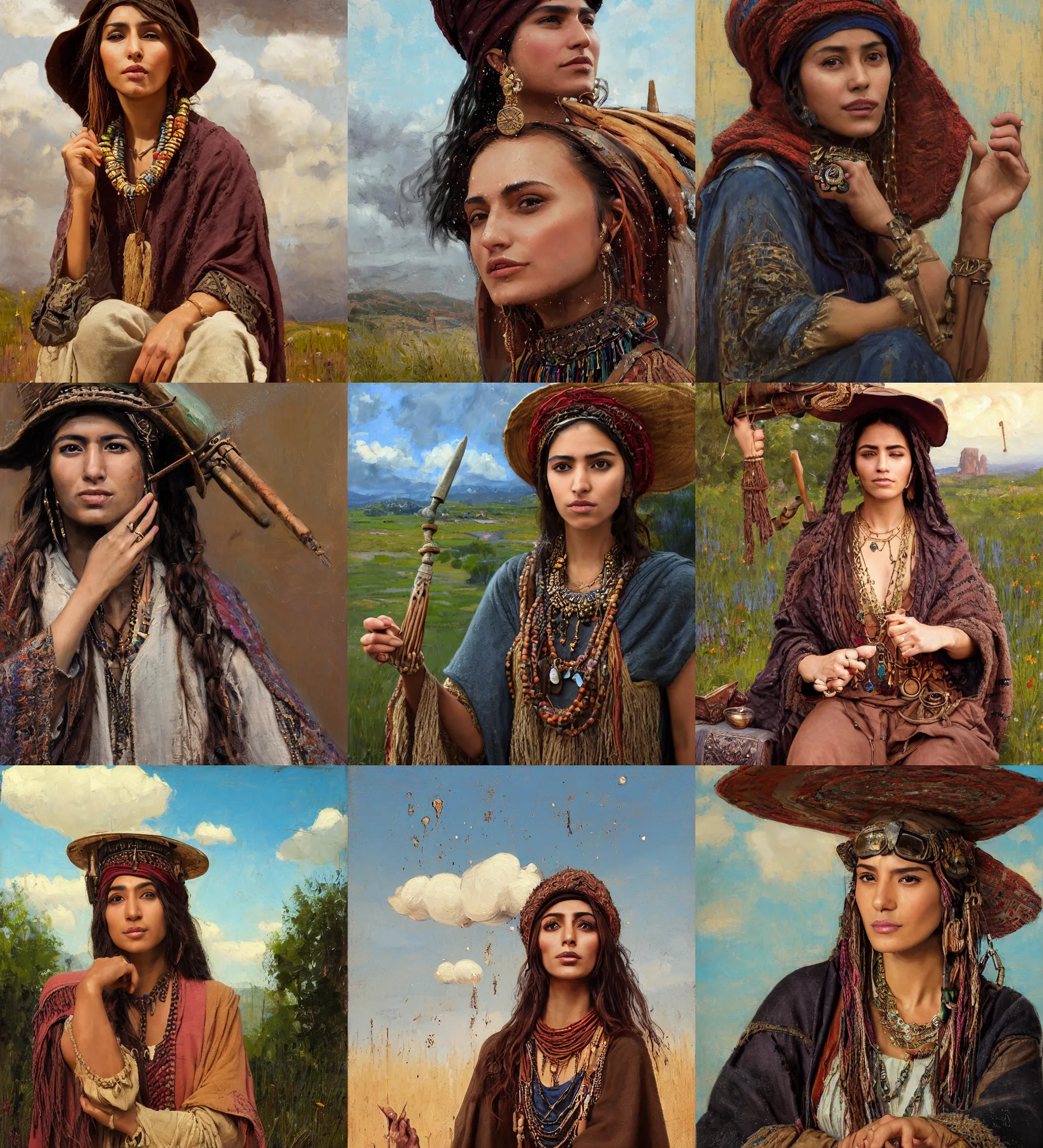 Prompt: portrait of medieval farmer fashionable young iranian asian woman with wooden jewelry, mediterranean features, wearing rich jewerly hat and boho poncho, shaman witch, fantasy character close up portrait, sitting pose, thunder clouds in the sky, artwork by Jeremy Lipkin and Giuseppe Dangelico Pino and Michael Garmash and rob rey, levitation, industrial rusty pipes, simple form, brutal shapes