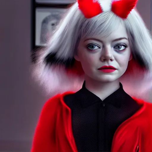 Prompt: toddler emma stone with black - and - white hair, like cruella haircut, in a room, cinematic, movie scene, vivid colors, detailed, 8 k