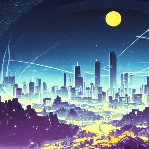 Image similar to far away city in the style of cyberpunk ontop of a mountain, space sky, anime illustration,