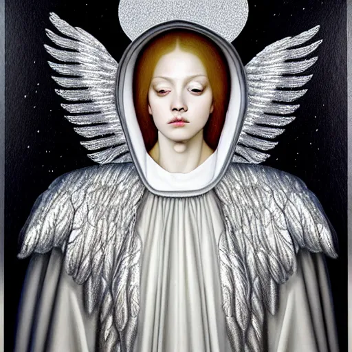 Image similar to beautiful high details hyper realistic painting of white angel in the hood coming from space with giant ball of miracle light from the chest!!!!!, 4 k hd face!!!, fashion face, no gender, giant silver holographic wings, by jan van eyck, holography space, white sparkles everywhere, thin strokes, high textures, silver background