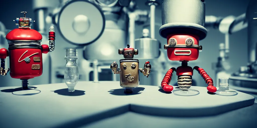 Prompt: closeup portrait of tin toy retro robot chef cooking pastry with vials in a chemical scientific lab, depth of field, zeiss lens, detailed, centered, fashion photoshoot, by nicoletta ceccoli, mark ryden, lostfish, breathtaking, 8 k resolution, extremely detailed, beautiful, establishing shot, artistic, hyperrealistic, octane render