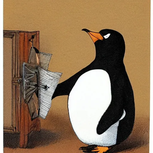 Image similar to a cute penguin holding a briefcase, photorealistic storybook illustration, Beatrix Potter