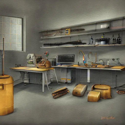 Prompt: lab with broken equipment laying all over, digital painting HD