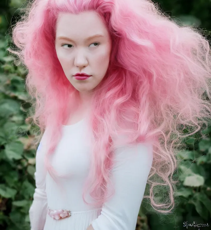 Image similar to a photograph of rose quartz from steven universe, portrait photography, 8 5 mm, iso 4 0 0, focus mode, detailed portrait, gigantic tight pink ringlets, huge pink hair, plus size, extremely beautiful and ethereal, white dress, gorgeous, kind features, beautiful woman, flattering photo, daylight