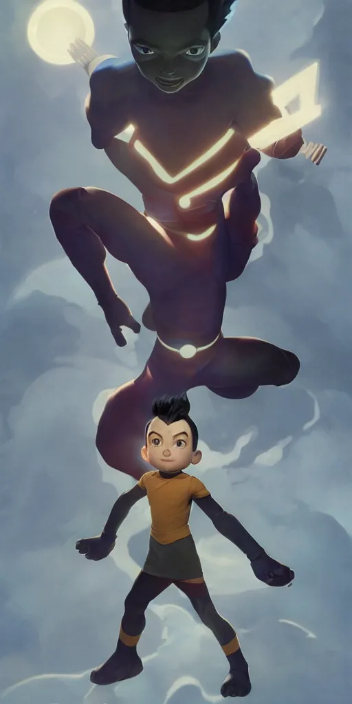 Image similar to portrait of Astroboy, centered full body pose, zenith angle, shadowy area, dramatic lighting, concept art, digital painting, Unreal Engine 5, 8K, art by artgerm and Greg Rutkowski and Alphonse Mucha