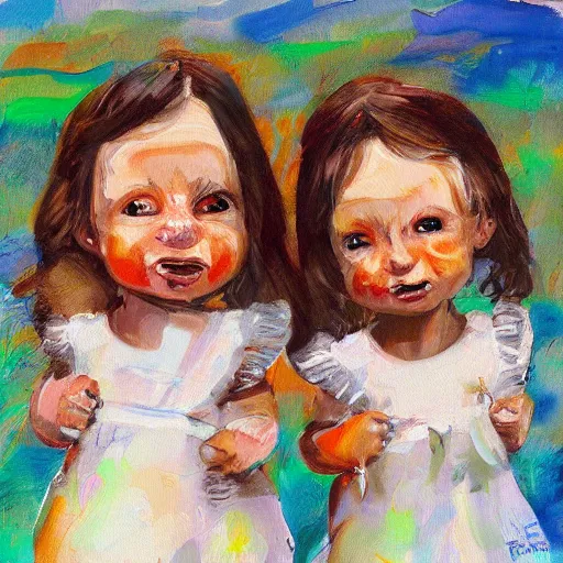 Prompt: a messy painting of twin sisters. Wendy and Susannah Melvin.Trending on ArtStation