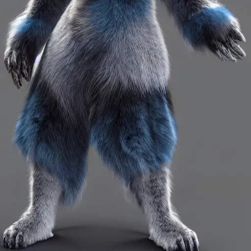 Prompt: 3 d render, well toned, large tall, female anthropomorphic wolf, blue fur with white spots, fur covering her chest.