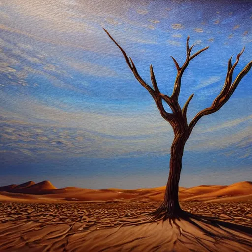 Prompt: a painting of a tree in the desert, a striking airbrush painting by breyten breytenbach, detailed sand pattern, cgsociety, neo - primitivism, airbrush art, dystopian art, apocalypse landscape